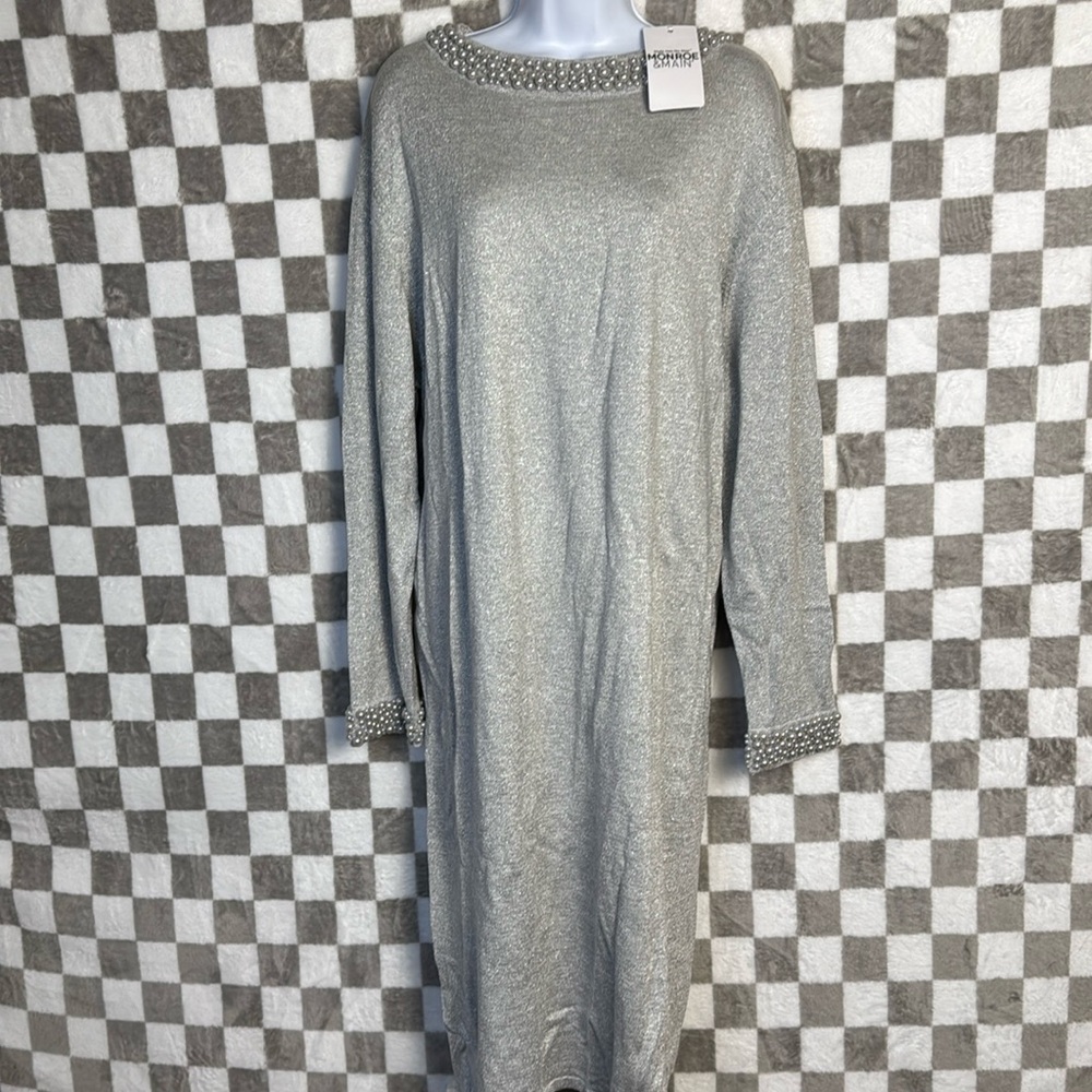 Monroe and Main 3X silver tinsel, pearl midi dress long sleeve